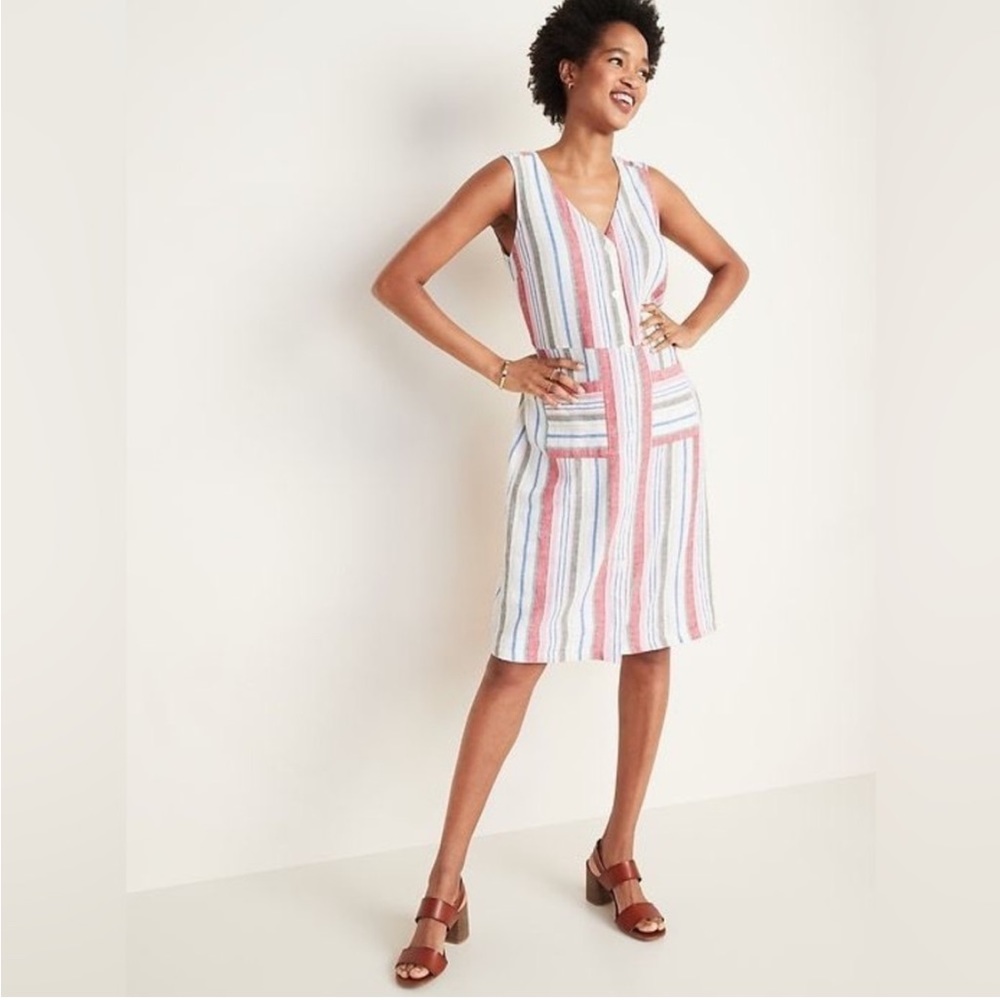 Old Navy striped button front linen blend dress size small